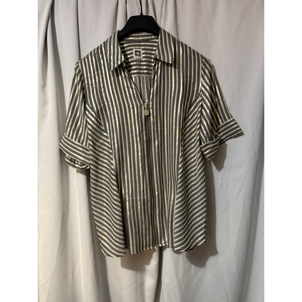 Anne Klein Striped Collared Zip Front Metallic Woven Blouse Gray White Gold L